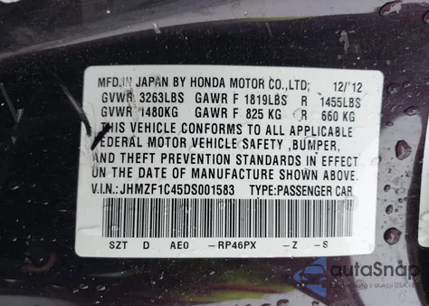 2013 Honda Cr-Z из США, поврежденный, VIN JHMZF1C45DS001583